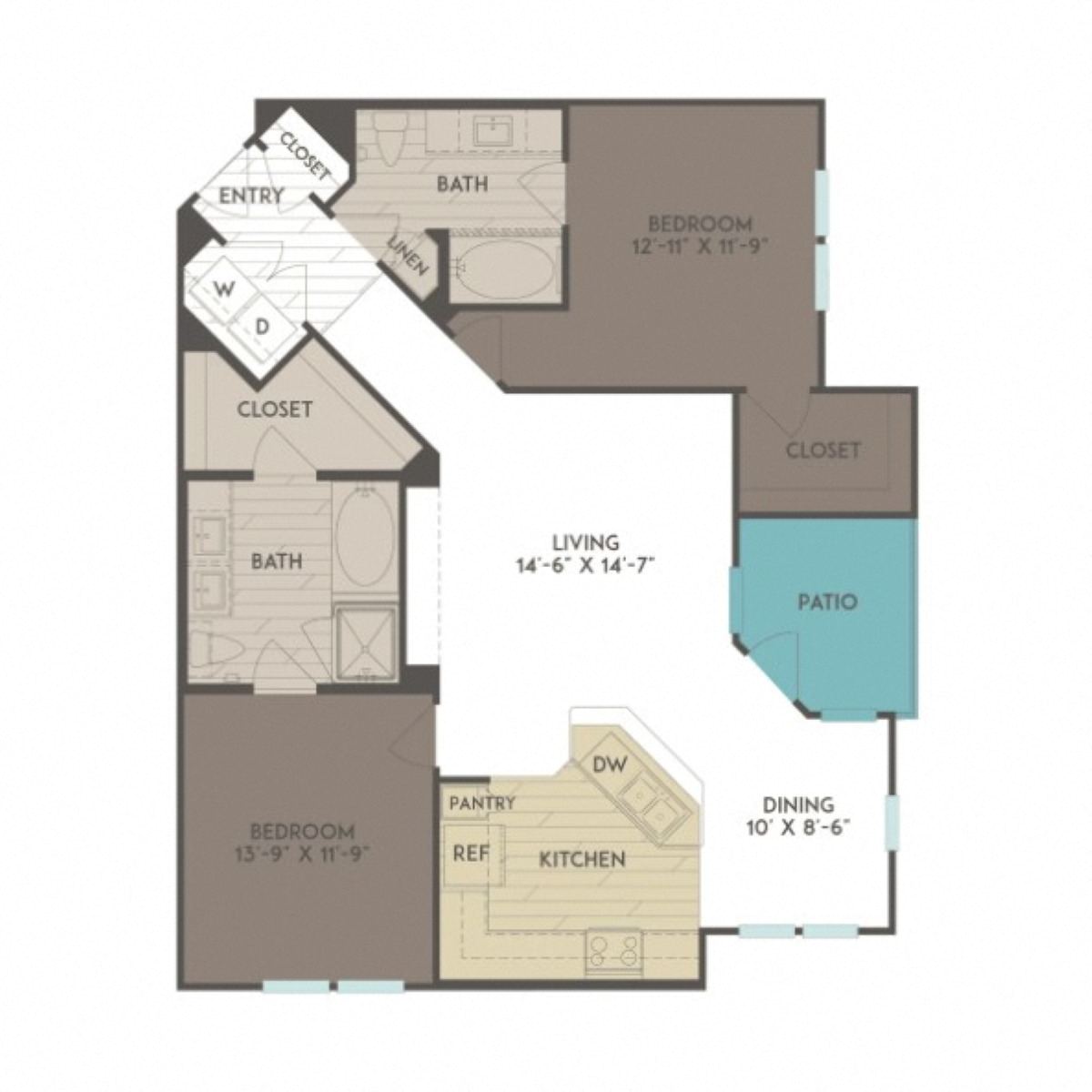Floor plan for 2 beds, 2 baths, 1163 sqft